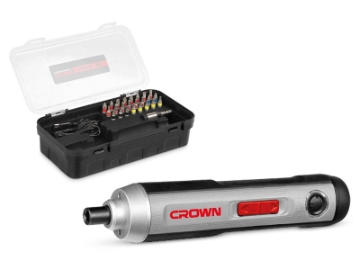 CROWN CT 22033 Аккумуляторная отвертка, 250 об/мин, IMC 3,6 В, 2 Ah, 7,2 Nm, + 24шт. биты USB